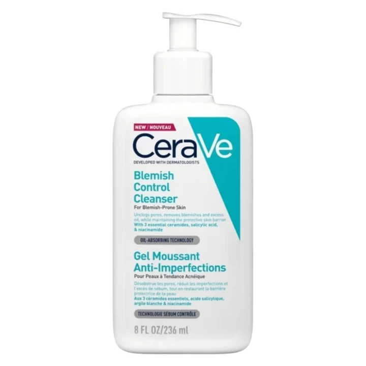ژل شست‌وشوی ضدجوش سراوی CeraVe Blemish Control Cleanser | شوینده پاک‌کننده منافذ و کنترل‌کننده چربی | حاوی سالیسیلیک اسید، نیاسینامید و ۳ سرامید ضروری | کمک به کاهش جوش و پاکسازی عمیق منافذ بدون آسیب به سد دفاعی پوست | مناسب پوست چرب و مستعد جوش | حجم 236m