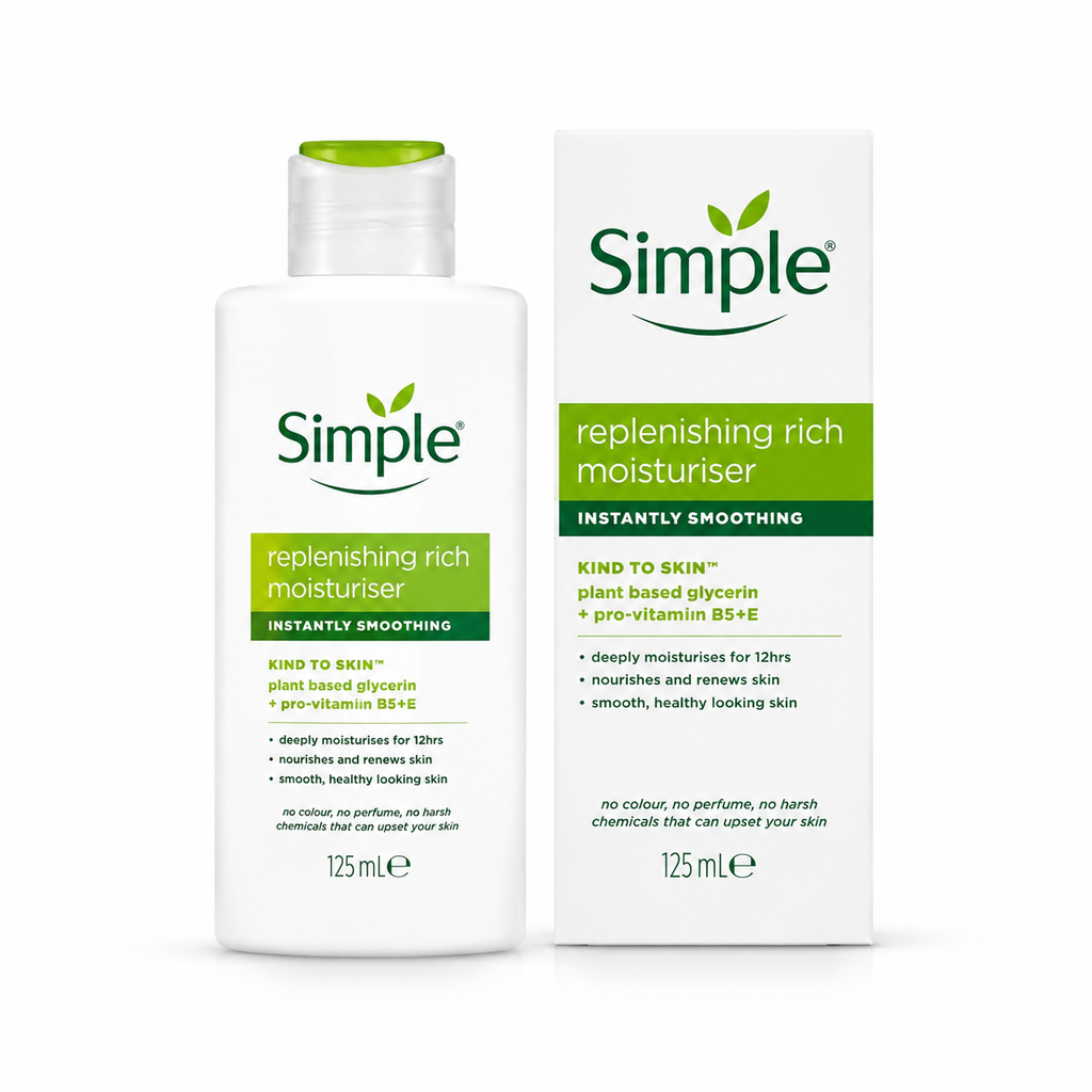 کرم آبرسان صورت سیمپل Simple Replenishing Rich Moisturiser | مرطوب‌کننده و آبرسان غنی صورت | مناسب پوست خشک و کم‌آب | تغذیه‌کننده و تقویت‌کننده سد دفاعی پوست | کمک به کاهش خشکی و کشیدگی | حجم 125 میلی لیتر